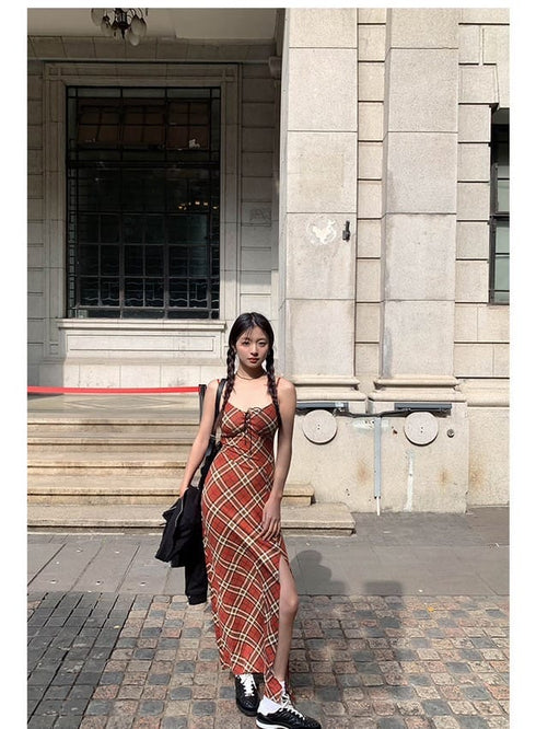 Vintage Spaghetti Strap Side Slit Dress with Cardigan